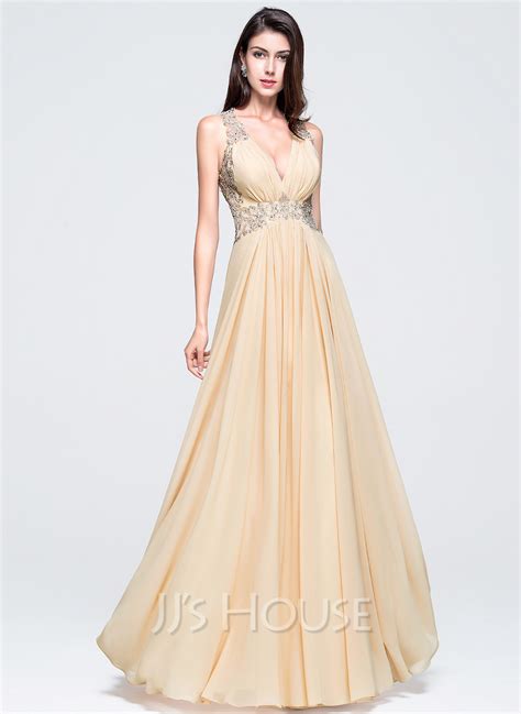 A Line Princess V Neck Floor Length Chiffon Prom Dress With Beading