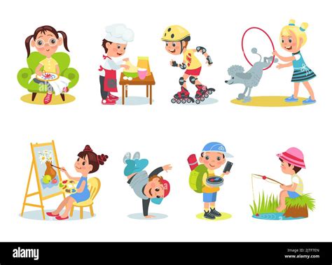 Children hobbies. Cartoon kids characters with different interests ...