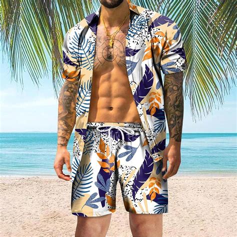 HOKCUS Men S Summer Tropical Flower Print Hawaiian Shirt Shorts Set