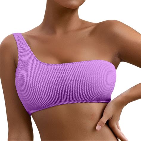 Caivo Women Swimwear One Shoulder Bikini Swimsuit Top Ribbed Padded Bathing Suit Bandeau Top