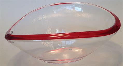 Walther Glas Germany Art Glass Clear Bowl Red Rim Oval Vintage Etsy