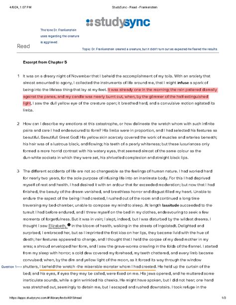 Frankenstein Chapter 5 - 4/6/24, 1:07 PM StudySync - Read