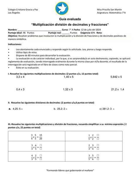 Guía Evaluada Fracciones Y Decimales Profe Social