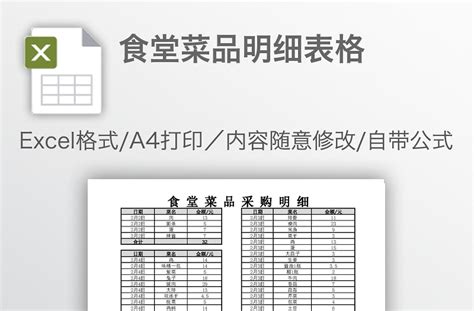 食堂菜品明细表格 Excel表格 工图网