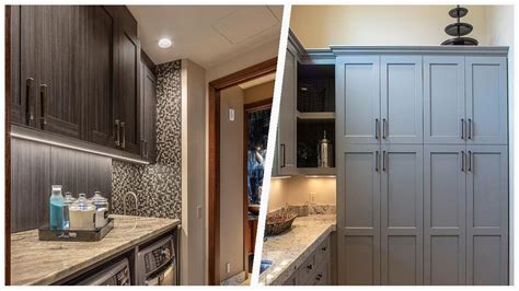 Laundry Room With Gray Cabinets And Multicolored Countertops Design