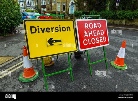 Road signs, Road Ahead Closed, Diversion, in Sheffield, South Yorkshire ...