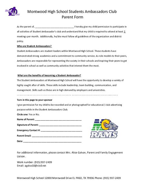 Fillable Online Student Ambassadors Parent Permission Form Fax Email