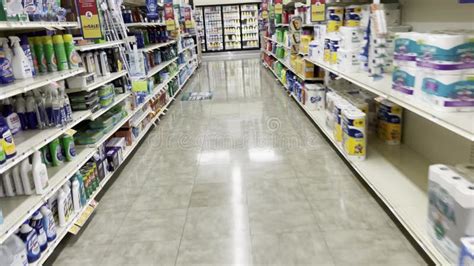 Food Lion Grocery Store Interior Pov Walking Down Toilet Paper And