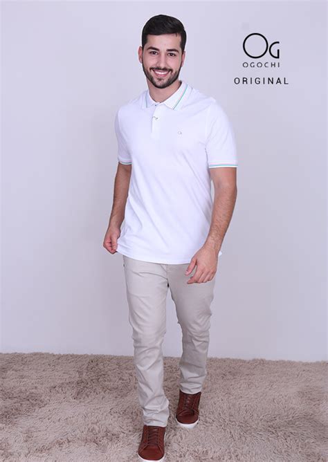 Camisa Polo Ogochi Masculina Casual Slim Branca