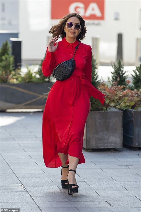 Myleene Klass Looks Red Hot In A Belted Shirt Dress Daily Mail Online