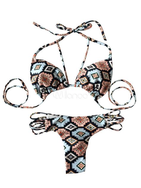 String Bikini Maillot De Bain Cut Strappy Halter Géométrique Impression