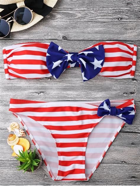 Bow American Flag Patriotic Bandeau Bikini Set Red And White And Blue