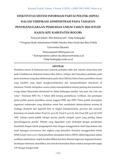 Pdf Efektivitas Sistem Informasi Partai Politik Sipol Dalam