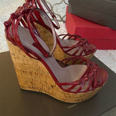 Gucci Alice Patent Leather High Heel Wedge Sandal Gem