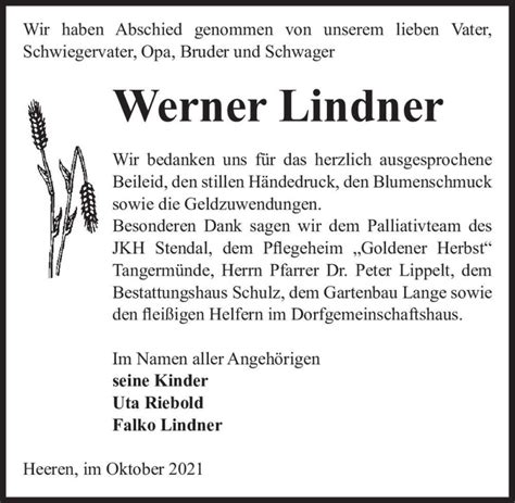 Traueranzeigen Von Werner Lindner Abschied Nehmen De