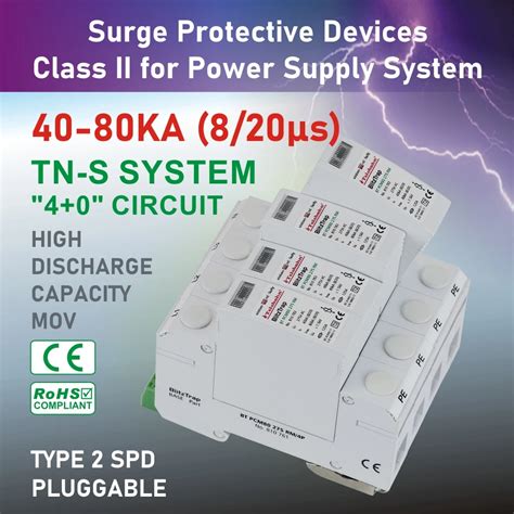 Telebahn Power Surge Protector AC 275V 40kA 80kA SPD T2 4P 3 Phase TVSS