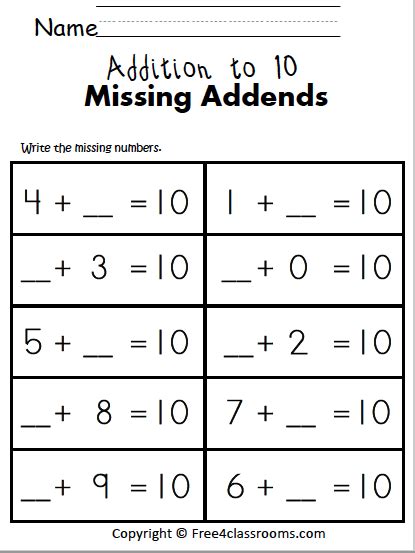 Free 1 Digit Addition Math Worksheet Missing Addends Free4classrooms