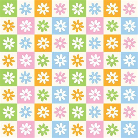 Cute Doodle Pink Orange Blue Green Flower Floral Check Checkered ...