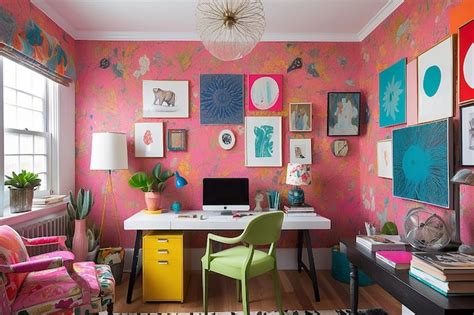 Premium Photo Vibrant And Eclectic Home Office With A Mix Of Patterns