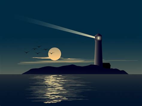 Paysage Nature Avec Phare Dans La Petite Le Et Pleine Lune Vecteur