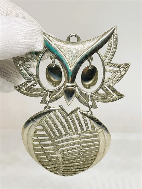 Vintage Large Silvertone Articulating Owl Pendant Signed Alan S