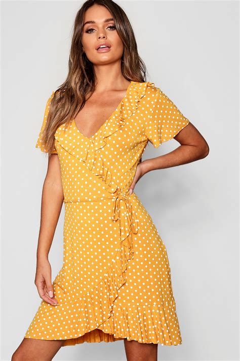 Polka Dot Wrap Front Ruffle Tea Dress Boohoo Tea Dress Bodycon