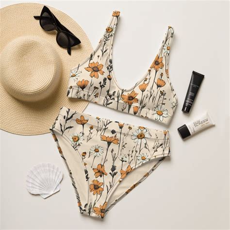 Boho Bikini Vintage Floral Bikini Set Meadow Flowers High Waist Bikini Padded Floral