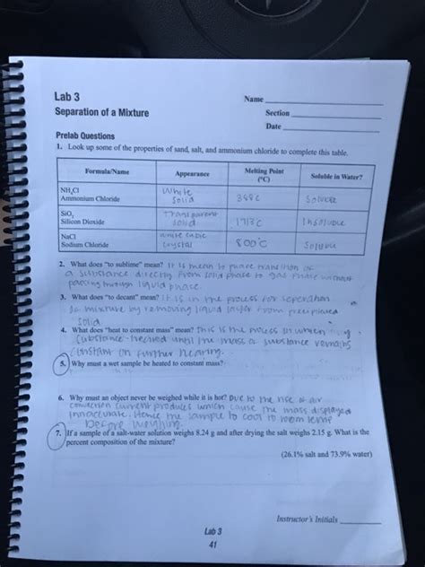 Solved Lab 3 Separation Of A Mixture Name Section Prelab