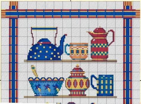 A Cross Stitch Pattern With Teapots Cups And Kettles On The Shelf