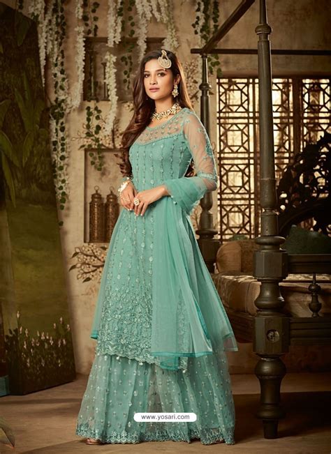 Buy Sky Blue Heavy Embroidered Designer Sharara Suit Palazzo Salwar Suits