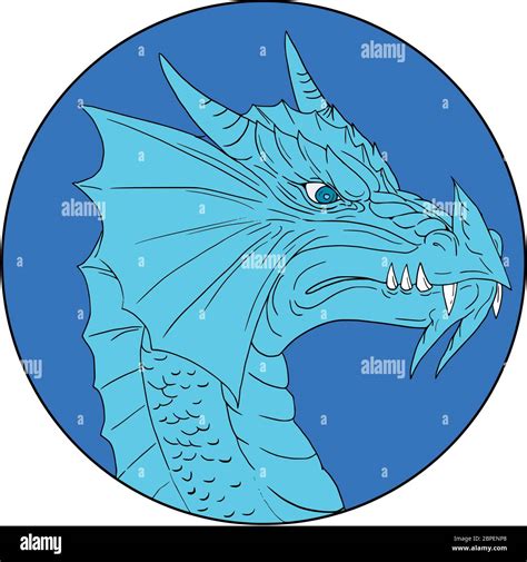 Drawing sketch style illustration of a head of an angry blue dragon ...