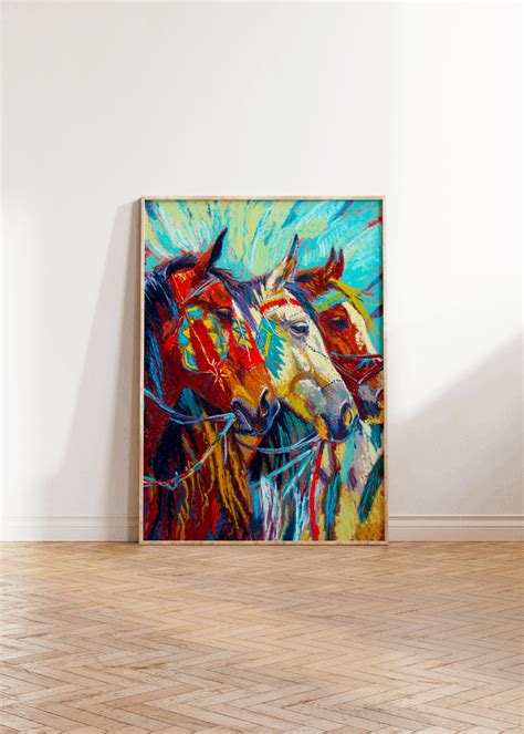 Three Native American Horses Painting Northern Lights Horse Art