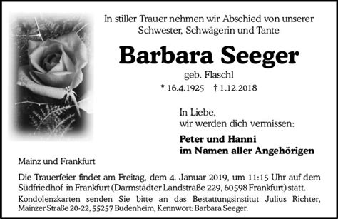 Traueranzeigen Von Barbara Seeger Vrm Trauer De