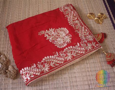 Red Pure Chinon Crepe Gota Patti Work Saree