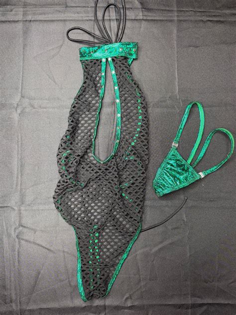 Metallic Green Spandex/Black Fishnet One-Piece Lingerie Outfit