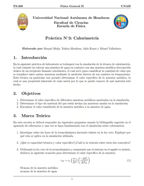 Calorimetria Lab General Ii Unah Universidad Nacional Onoma De