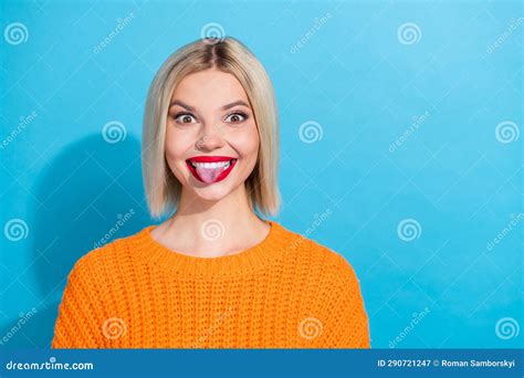 Photo Of Cheerful Funky Person With Blond Hairdo Wear Knit Orange