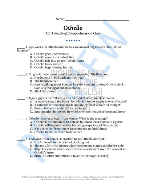 Othello Act 4 Quiz and Answer Key Shakespeare Assessment Self Grading