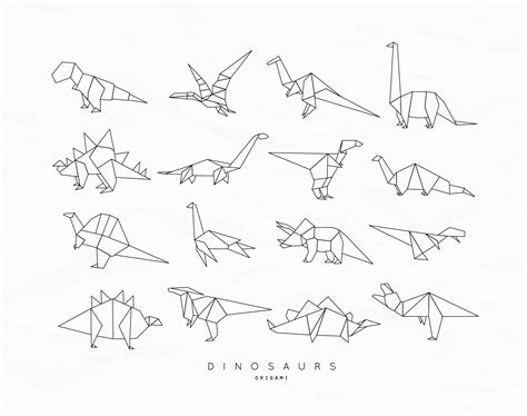 Conjunto De Dinosaurios En Estilo Origami Plano Tiranosaurio