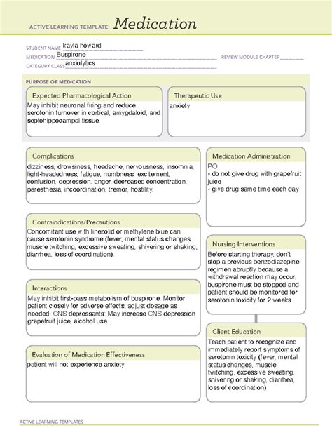 Buspirone Med Sheets ACTIVE LEARNING TEMPLATES Medication STUDENT