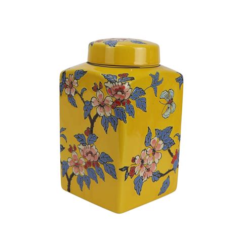 Chinese Ginger Jar Porcelain Yellow Flowers Hand Painted D12xh21cm