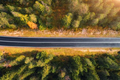 Aerial view of the road in forest. Top view of asphalt roadway Stock Photo by den-belitsky