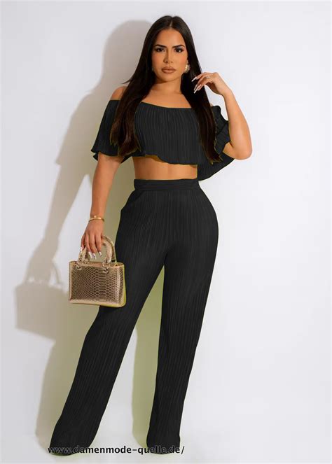 Damen Outfits Zweiteiler Plissee Set Schmetterlings Crop Top Und