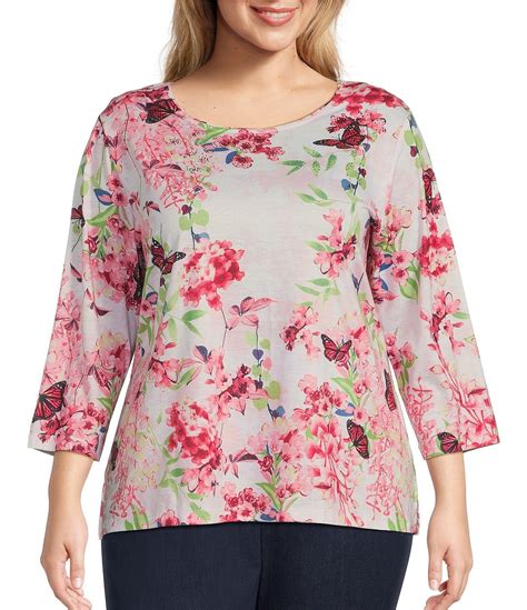 Allison Daley Plus Size Embellished Butterfly Floral Print 3 4 Sleeve Crew Neck Knit Top Dillard S