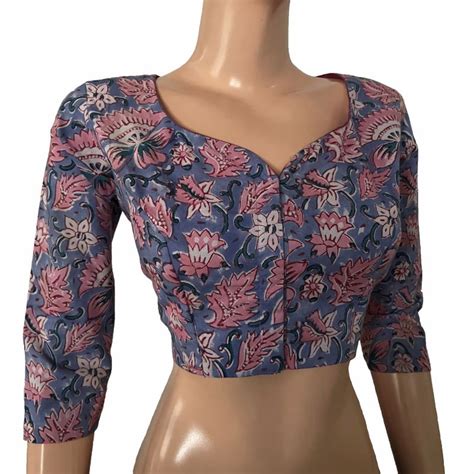 Printed Cotton Y Neck Blouse With 3 4 Sleeves And Lining Lavender Blue