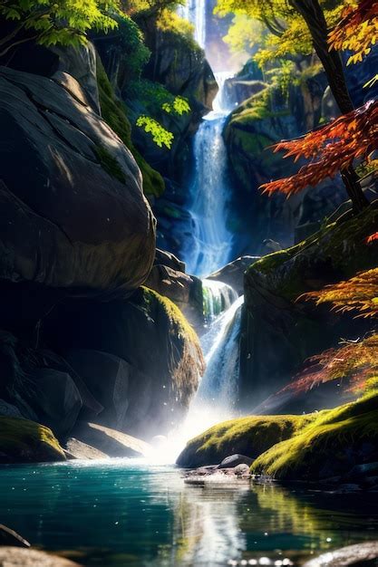 Premium Photo | Waterfall landscape with maple tree relaxing background ...