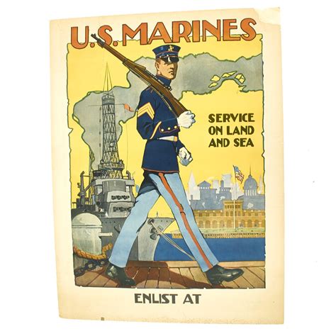 Original Us Wwi Marine Enlistment Poster Service On Land And Sea