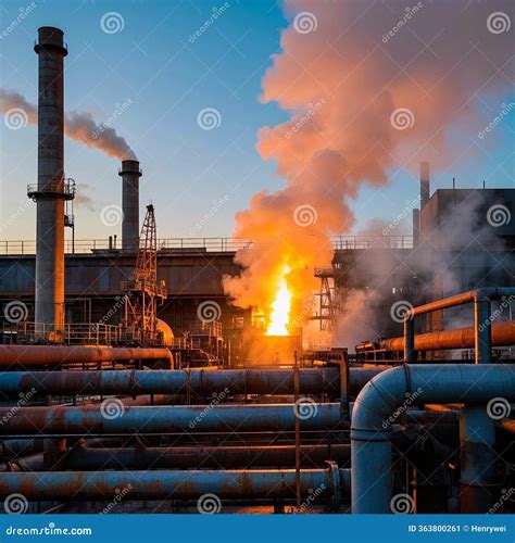 Petrochemical Plant, With Smoke And Flames Billowing From Its Various