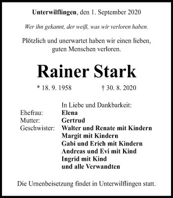 Traueranzeigen Von Rainer Stark OstalbTrauer