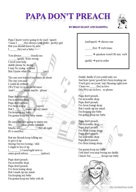 Madonna Papa Dont Preach Song And English Esl Worksheets Pdf And Doc